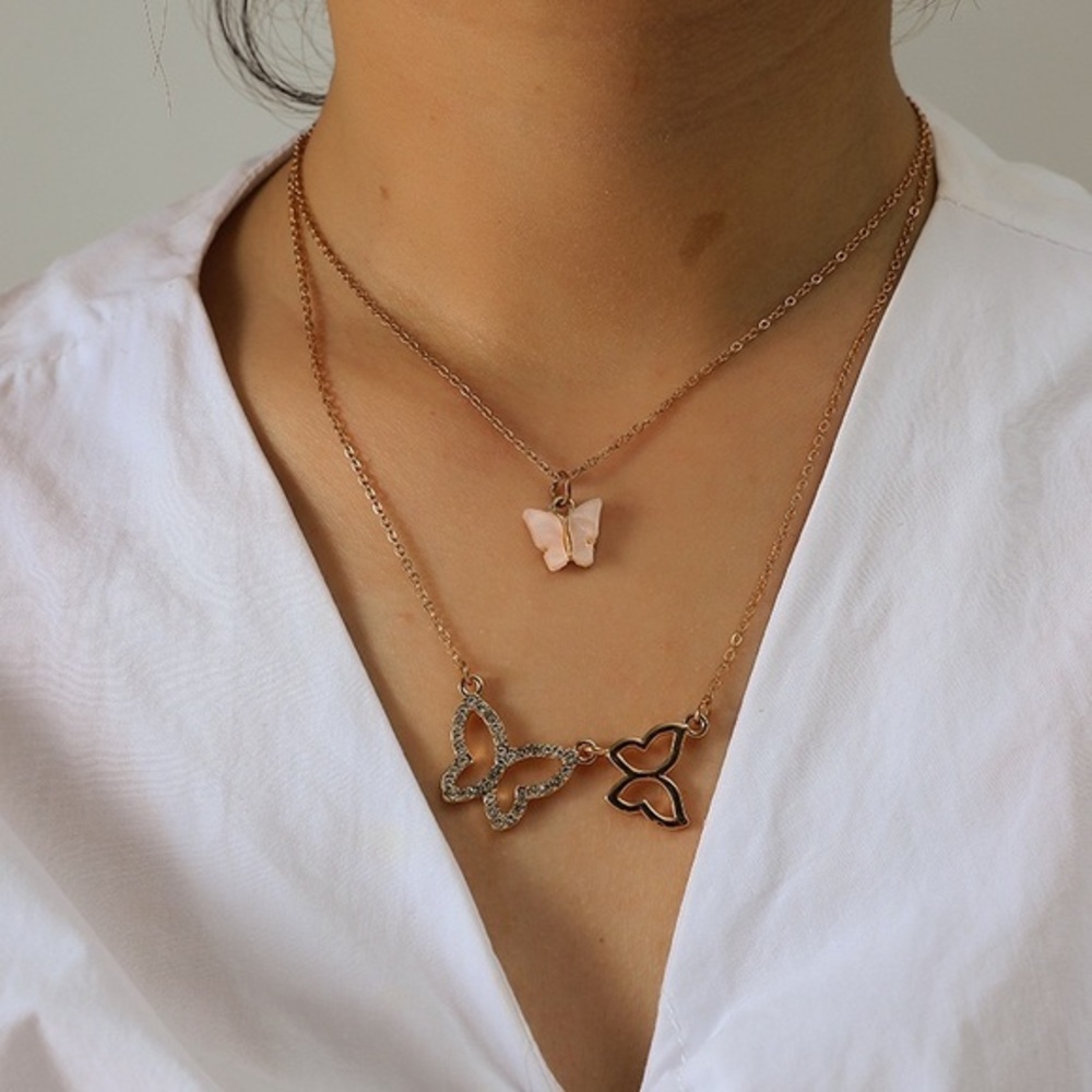 Dalia double layer pink gold butterfly dainty fashion necklace